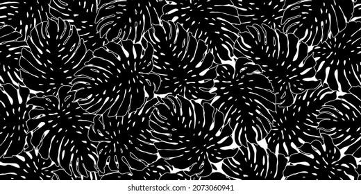 La jungla monocroma deja un patrón sin fisuras. Patrón tropical, hojas de palma de monstera sin costura. Plantas hawaianas exóticas como telón de fondo. Fondo floral. Diseño para tela, textil, superficie, envoltura, cubierta