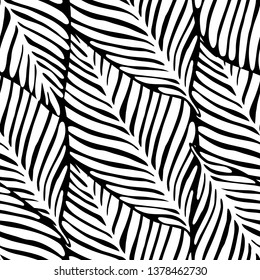 Monochrome jungle seamless pattern. Exotic plant. Tropical pattern, palm leaves seamless vector floral background.