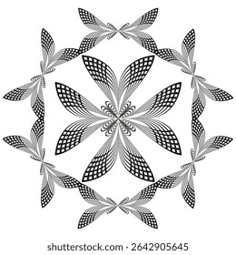 Monochrome kaleidoscope illustration. Symmetry flower symbol. Abstract mandala Vector. Decorative star sign.