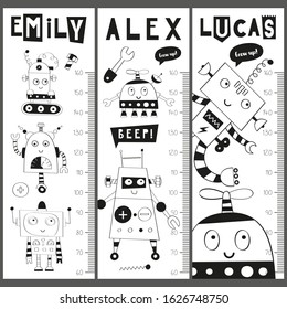 Monochrome kids height charts with cute robots, transformers, androids and cyborgs in Scandinavian style. Vector Illustration. Childish meter wall for nursery design.