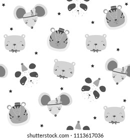 Monochrome kids seamless pattern with animals faces. Vector hand drawn illustration.