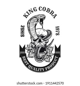 Monochrome king cobra in skull emblem. Retro design elements with human skull, snake and blooming flowers. Gothic or horror concept for label, stamp, tattoo template