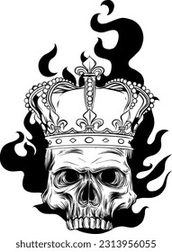 monochrome king skull with flames on white background. vector illustration design