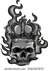 monochrome king skull with flames on white background. vector illustration design