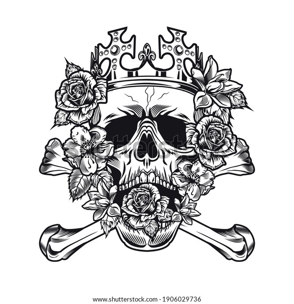 Monochrome King Skull Roses Mouth Vector Stock Vector (Royalty Free ...