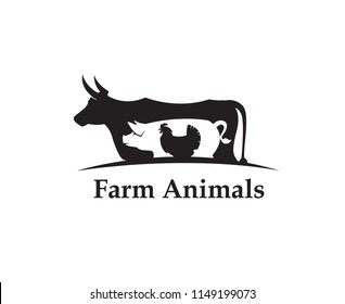 Monochrome Label Of Farm Animals Cow, Pig And Chicken