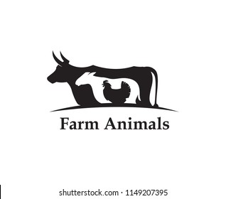 monochrome label of farm animals cow, chicken and sheep