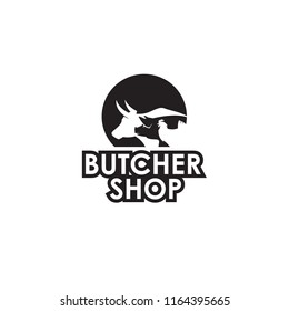 monochrome label of farm animals cow, pig and chicken for butcher shop