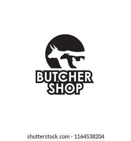 Monochrome Label Of Farm Animals Cow, Chicken And Sheep For Butcher Shop