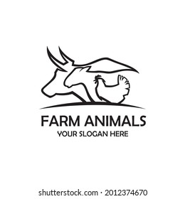 monochrome label of farm animals cow, chicken and sheep isolated on white background