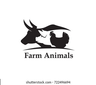 monochrome label of farm animals cow, pig and chicken