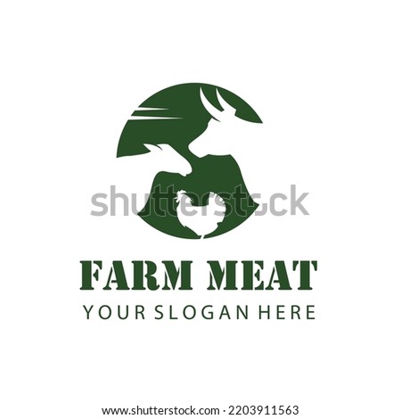 monochrome label of farm animals cow, chicken and sheep isolated on white background