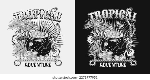 Monochrome label with tropical foliage, rope frame, cast iron pot full of gold coins, ingots, text. Detailed vector illustration in vintage style for treasure hunt, adventure.