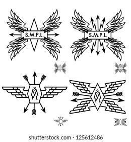 monochrome label with wings and arrows