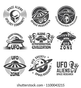 Monochrome labels or badges with pictures of aliens, ufo and space. Emblem with shuttle alien, new civilization exploration. Vector illustration