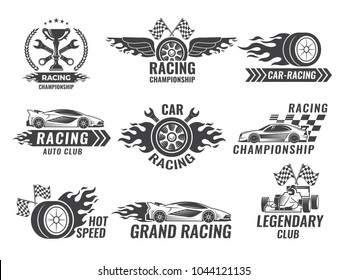 Monochrome labels and badges of sport labels. Racing cars speed, auto car race badge, vector illustration