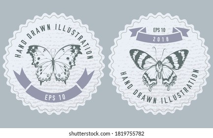 Monochrome labels design with illustration of alcides agathyrsus, forest mother-of-pearl