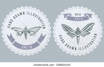 Monochrome labels design with illustration of ambulyx pryeri, theretra oldenlandiae