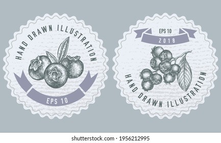 Monochrome labels design with illustration of blueberry