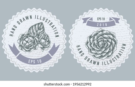 Monochrome labels design with illustration of camellia japonica