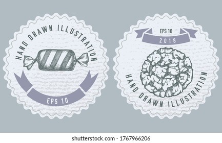 Monochrome labels design with illustration of candies, cookie