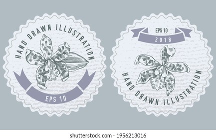 Monochrome labels design with illustration of cattleya aclandiae