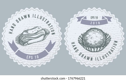 Monochrome labels design with illustration of eclair, truffle