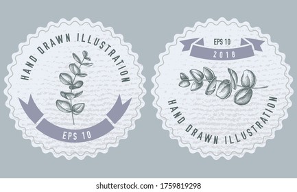 Monochrome labels design with illustration of eucalyptus