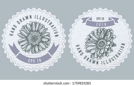 Monochrome labels design with illustration of gerbera