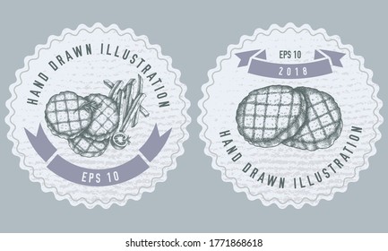 Monochrome labels design with illustration of grilled burger patties