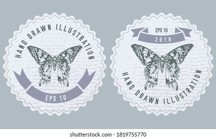 Monochrome labels design with illustration of madagascan sunset moth