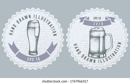 Monochrome labels design with illustration of mug of beer
