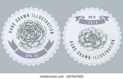 Monochrome labels design with illustration of peony