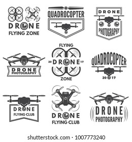 Monochrome labels with different quadrocopters. Set of quadrocopter aviation with propeller, vector illustration