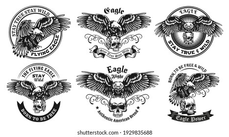 Monochrome Labels With Eagle And Skull Vector Illustration Set. Retro Emblems With Flying Predator Bird With Human Skull. Wildlife And Animals Concept Can Be Used For Retro Template