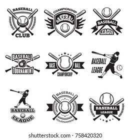 Monochrome labels or emblem for baseball club. Vector badges isolate on white. Baseball club logo, illustration of championship label