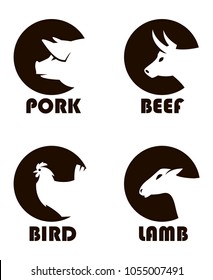 Monochrome Labels Of Farm Animals Cow, Pig, Lamb And Chicken