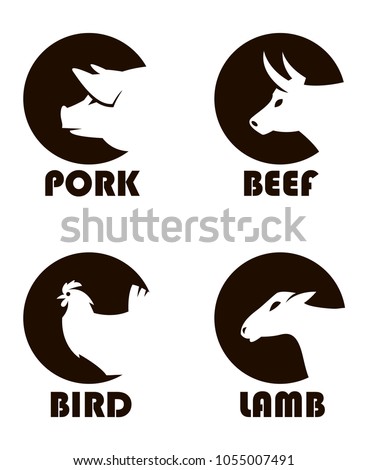 monochrome labels of farm animals cow, pig, lamb and chicken
