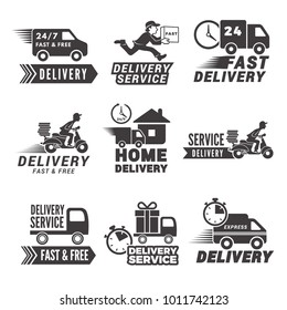 Monochrome labels and icons for delivery service. Vector delivery label fast and free illustration