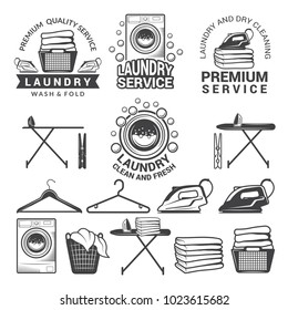 Monochrome labels of laundry service. Illustrations of washing machines. Service machine wash, hanger and laundry emblem vector