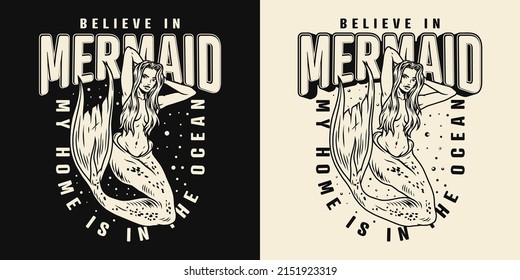 Monochrome labels with mermaid on a black and white background. T-shirt design vintage style vector illustration