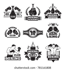 Monochrome labels set for boxing championship. Illustration of gloves and boxer. Emblem label for boxing club or competition vector