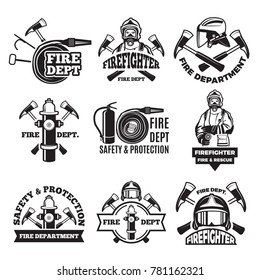 Monochrome labels set for fire department. Pictures of fireman. Firefighter in helmet, safety and protection illustration