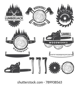 Monochrome labels set with lumberjack and pictures for wood industry. Vector lumberjack logo, industry carpentry and woodwork illustration