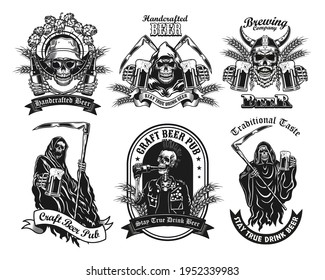 Monochrome labels with skeleton and beer vector illustration set. Retro tattoo design with dead character drinking alcohol. Beverage and weekend concept can be used for retro template