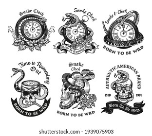 Monochrome labels with snakes and clocks vector illustration set. Retro emblems with metaphor of running out time. Wildlife and reptiles concept can be used for retro template