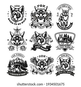 Monochrome labels with wild fox vector illustration set. Retro emblems with fox head and promotional text. Wildlife and forest animals concept can be used for retro template