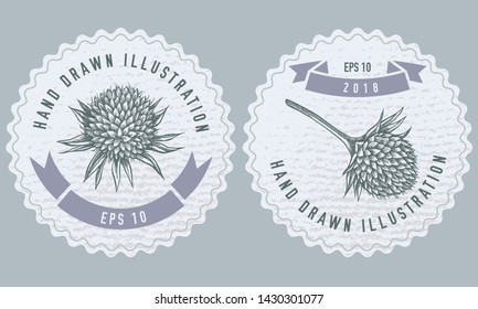 Monochrome labes with globethistle Vector design with illustration
