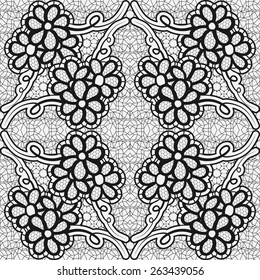Monochrome lace pattern. Background for greeting card or invitation with flowers in the corners. Vector illustration.
