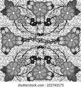 Monochrome lace seamless pattern of flowers and leaves. Vector illustration.